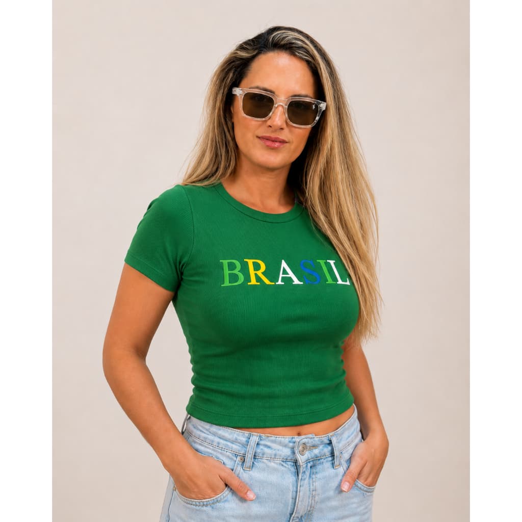 Cropped Brasil Verde Feminino Algodão Canelado + Óculos UV