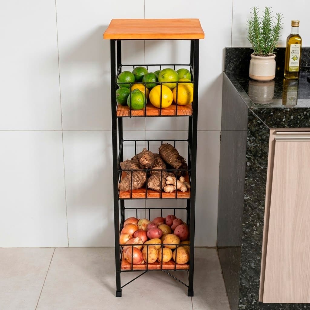 Fruteira de Ferro e Madeira Grande para Cozinha 3 Andares Artesanal