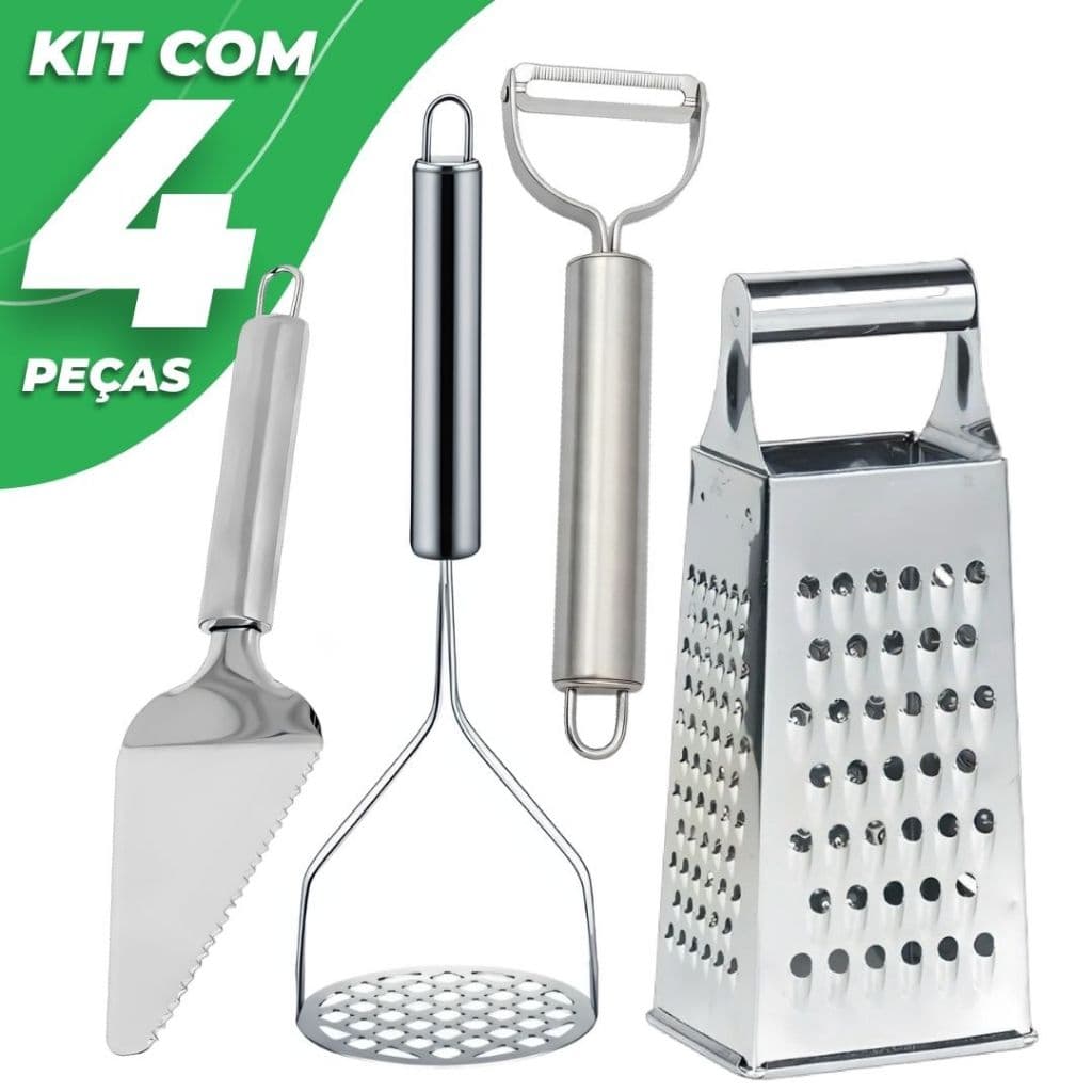 Kit Cozinha 4 Peças Inox Amassador de Batatas Purê Ralador de Queijo Espátula e Descascador de Legumes