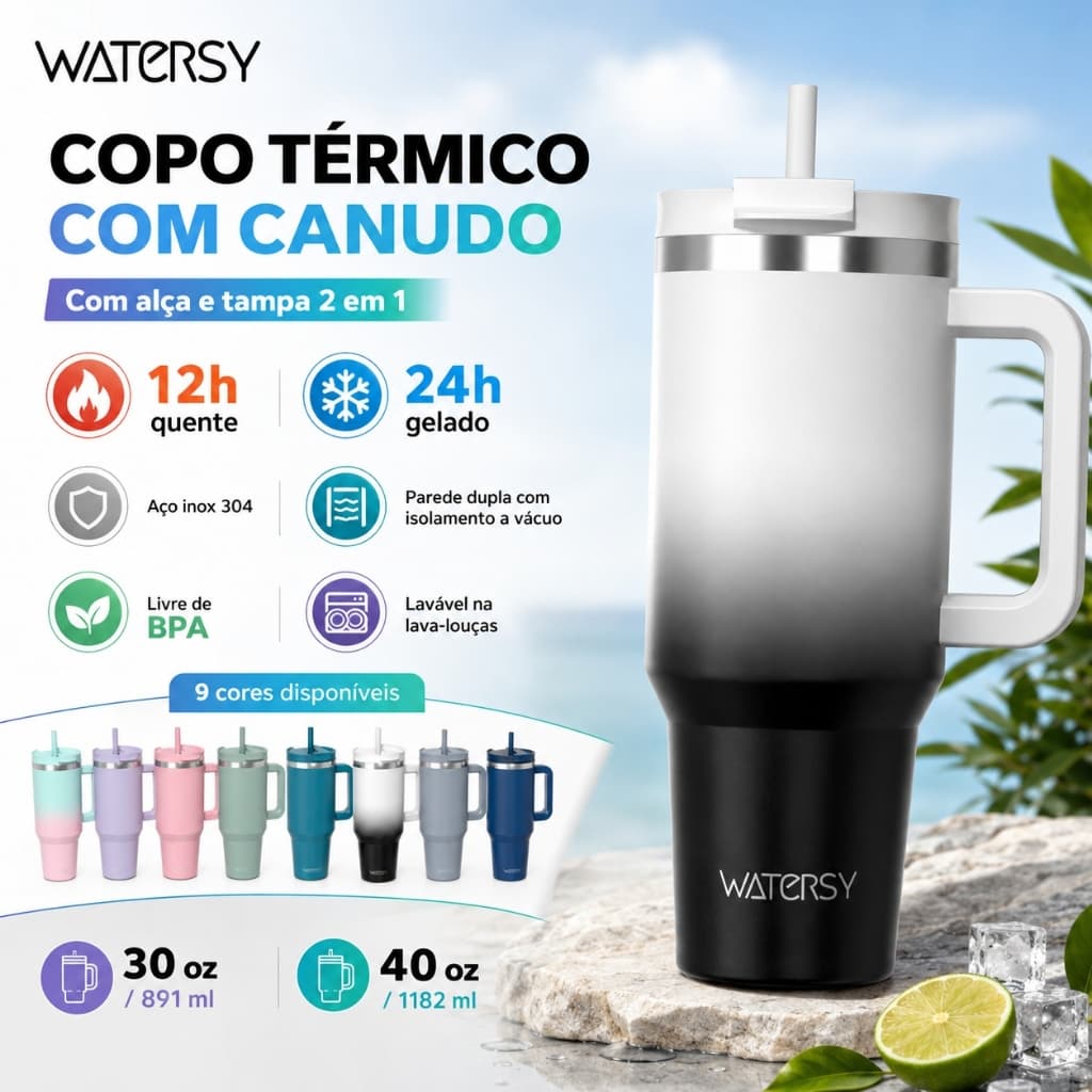 WATERSY Copo Térmico Inox Parede Dupla tampa Canudo PInox 891ml 1182ml Garrafa Térmico Portátil