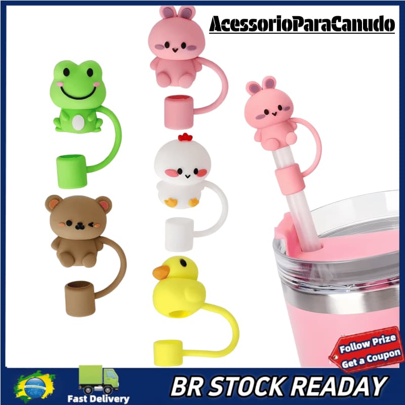 ✅[BR Seller]Kit5 Protetor de Canudo em Silicone com Animais Fofos | Tampa Anti-Poeira Compatível com Cop 40oz, 6 Modelos