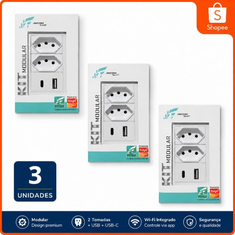 Kit 3 Tomadas USB Tipo C Para Celular Tablet de Parede 10A