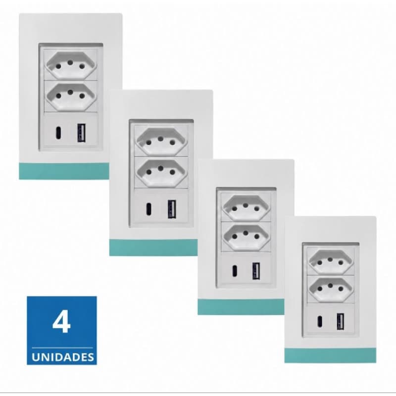 kit 4 Tomadas 10A de Parede Dupla Com Usb tipo C MODULAR