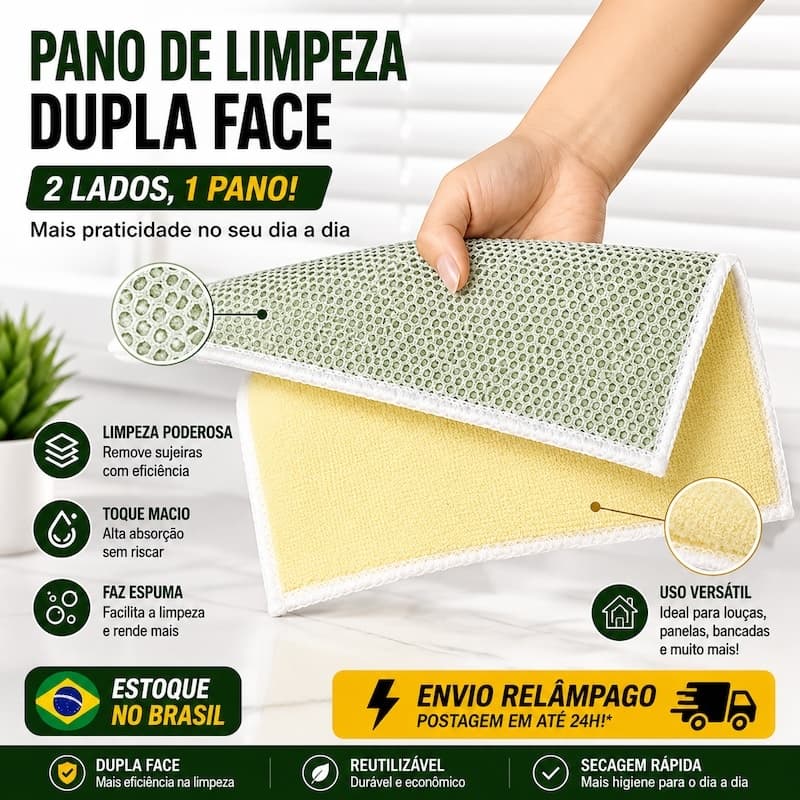 Pano de Limpeza Dupla Face 2 em 1, Substitui Esponja de Aço, Estoque no Brasil, Envio Relâmpago