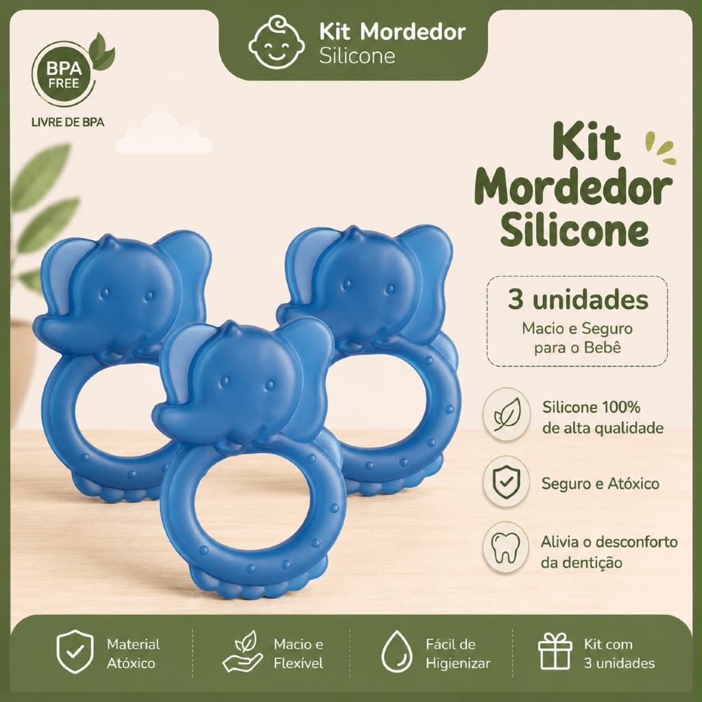 Kit Com 3 Mordedor Para bebê De Silicone Livre de BPA