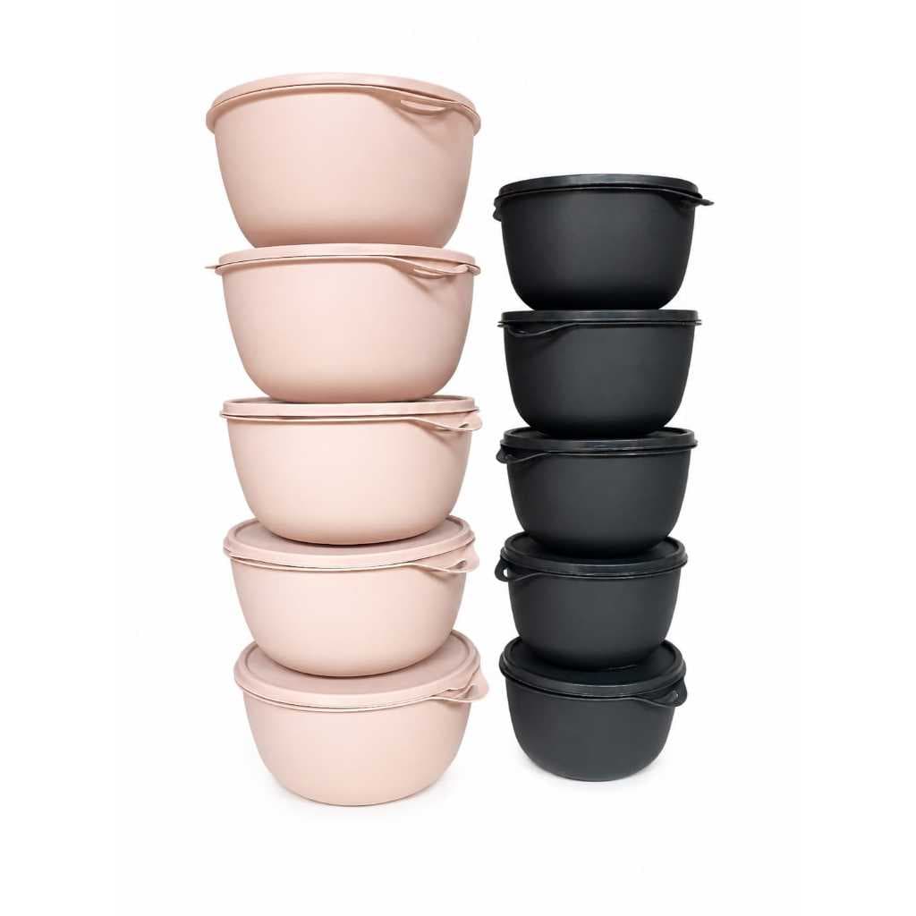 Kit 10 potes Bowl com Tampa 5x1000ml Bege e 5x500ml Preto