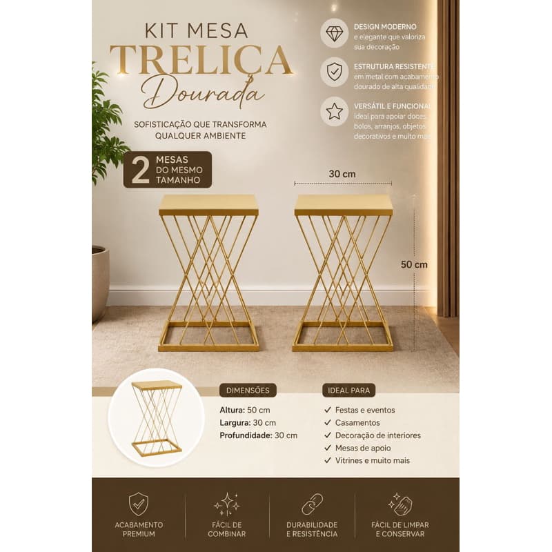 kit de mesa treliça dourada com 2 peças P 50 cm decoração festa