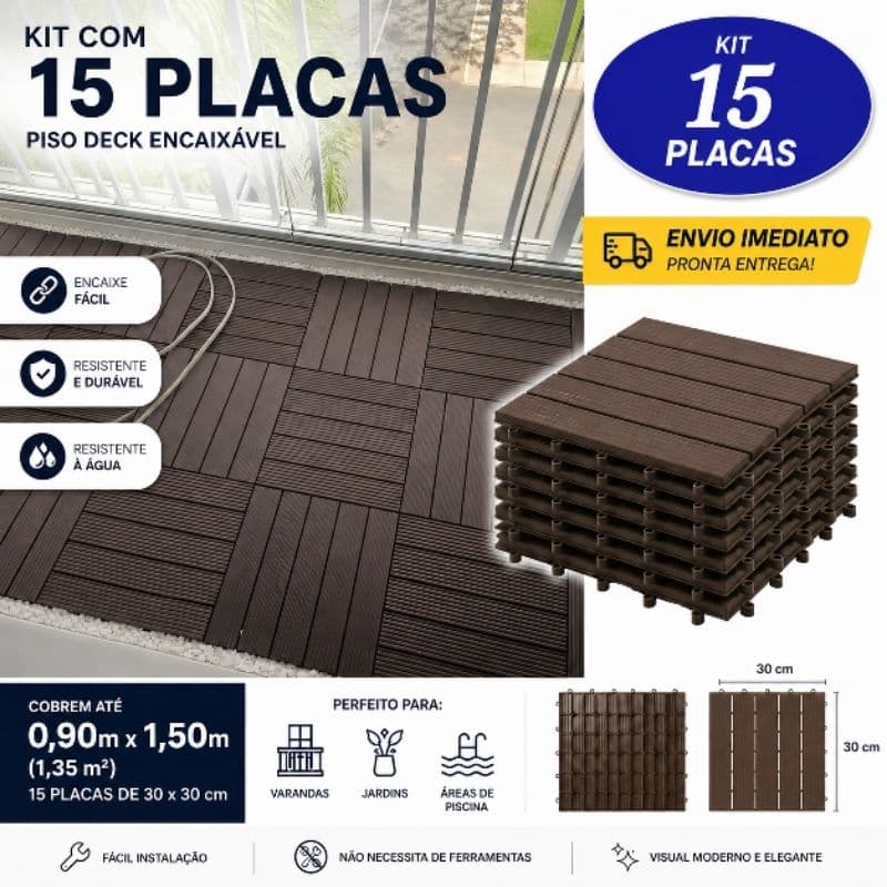 KIT 15 Piso Modular Deck de Plástico 30x30cm – Ideal para Varandas, banheiros, jardins e Piscinas