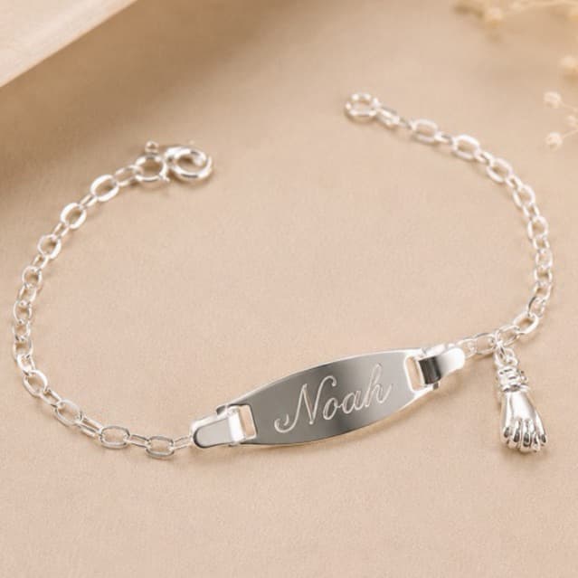 Pulseira Infantil Plaquinha Figa Chapinha Gravação 14cm Prata 925 Legítima