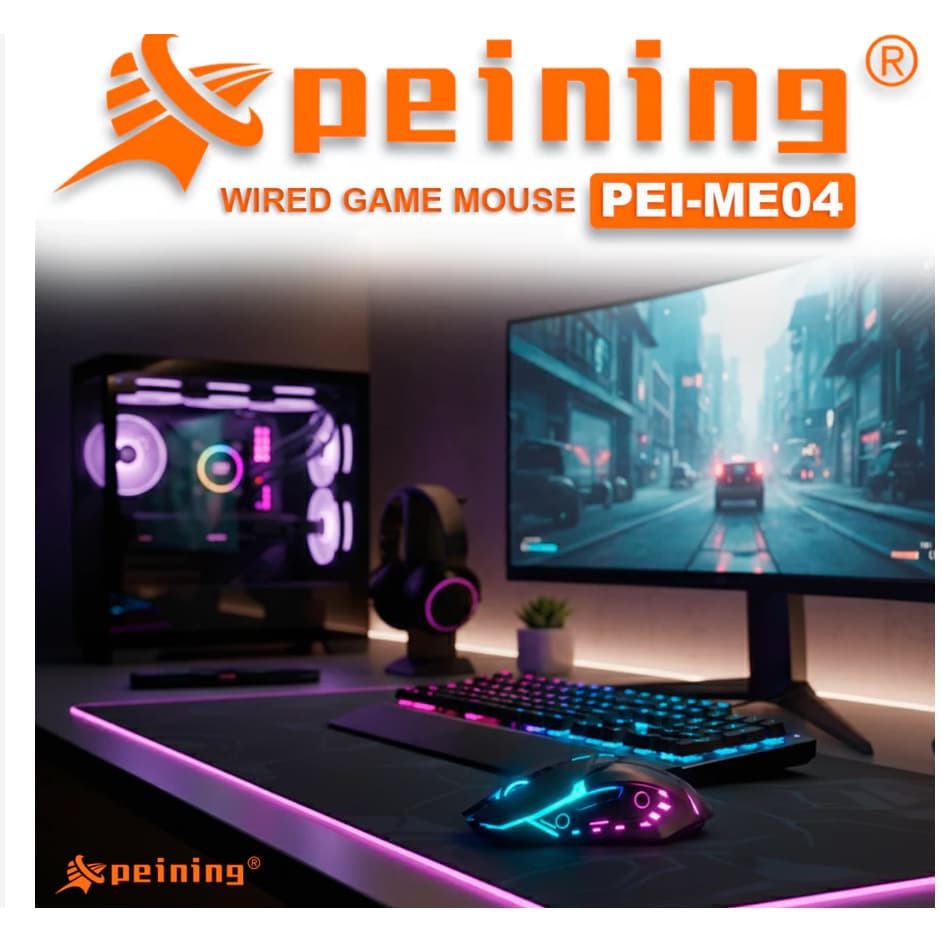 Mouse Gamer Peining PEI-ME04 C/ Fio 3.600 DPI Ajustável Ergonômico Profissional RGB 7 Cores Gaming Mouse Windows Mac PC