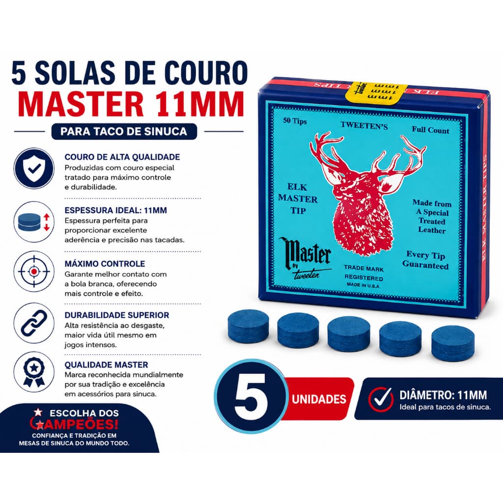 5 Sola De Couro Para Taco De Bilhar Sinuca Snooker Ponta Ponteira Master 11mm Profissional
