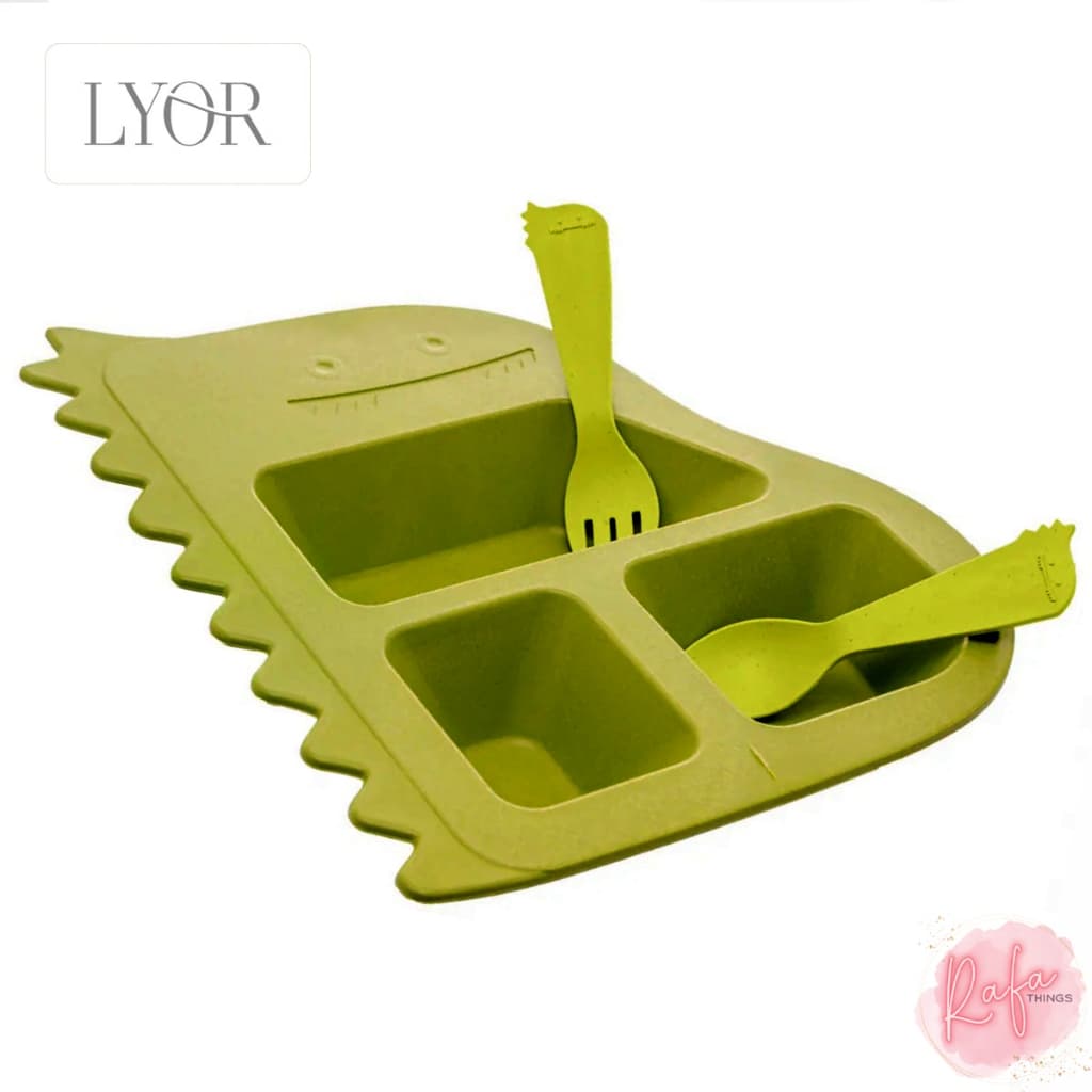Kit Conjunto Prato e Talheres Infantil Lyor Com 2 Talheres Alimentação Baby Dino Verde Bambu e PP