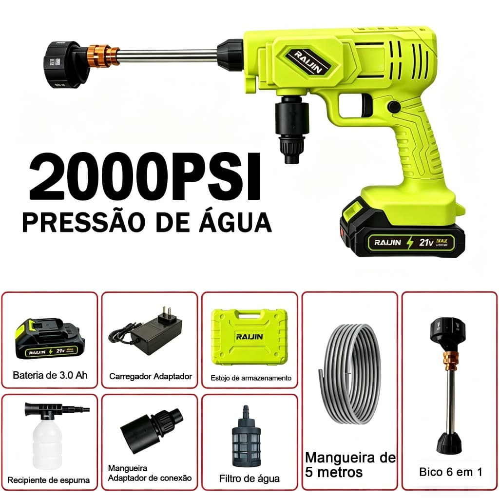 RAIJIN Pistola Lava Jato Sem Fio Recarregável, Lavadora Alta Pressão Portátil com Base de Carregamento