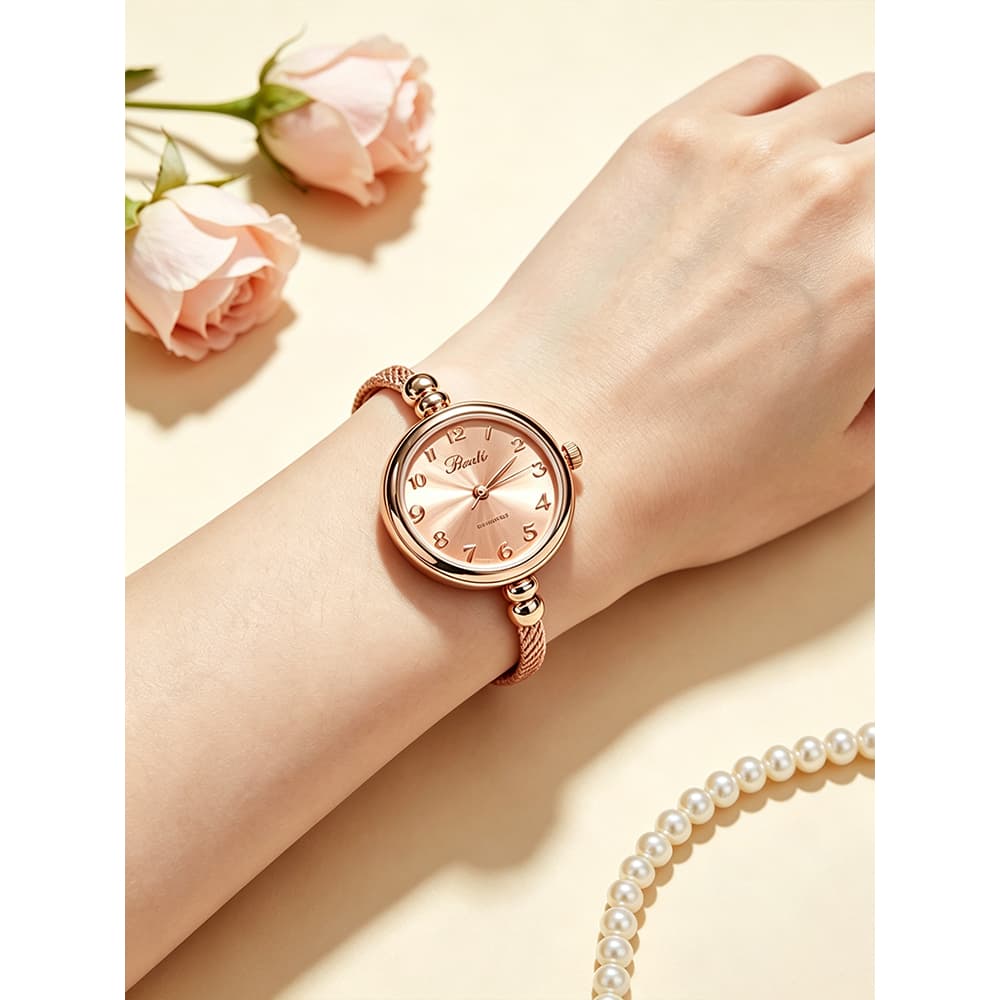 Relógio Feminino Rose Gold Luxo Quartzo Pulseira Aço Trançado Ajustável Uso Diário Elegante Presente