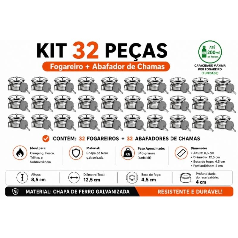 kit 32 Fogareiro espiriteira a álcool, Fogão portátil sem pintura para camping, caminhoneiros, pesca e sobrevivência.