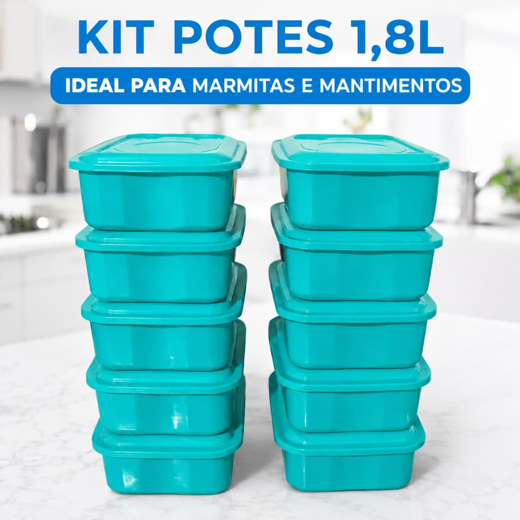 Kit Potes 1,8L Plástico Com Tampa Marmita Alimentos Geladeira Freezer Reutilizável