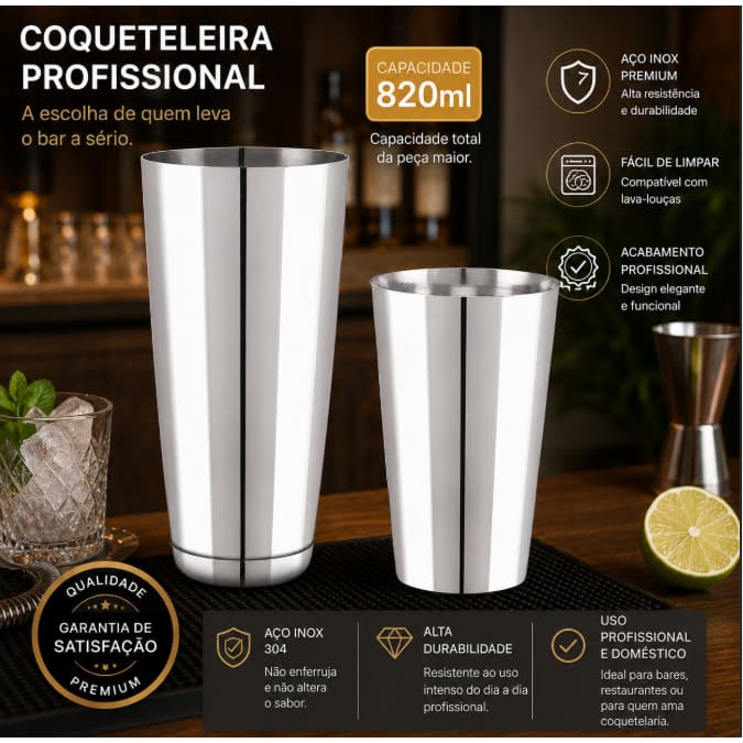 Coqueteleira Bartender Inox 820ml Profissional Misturador Shaker Resistente Alta Qualidade
