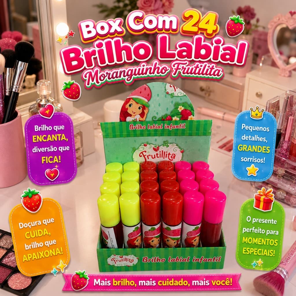 Box C/24 Brilho Infantil Menina Moranguinho Frutilita Gloss Infantil Atacado