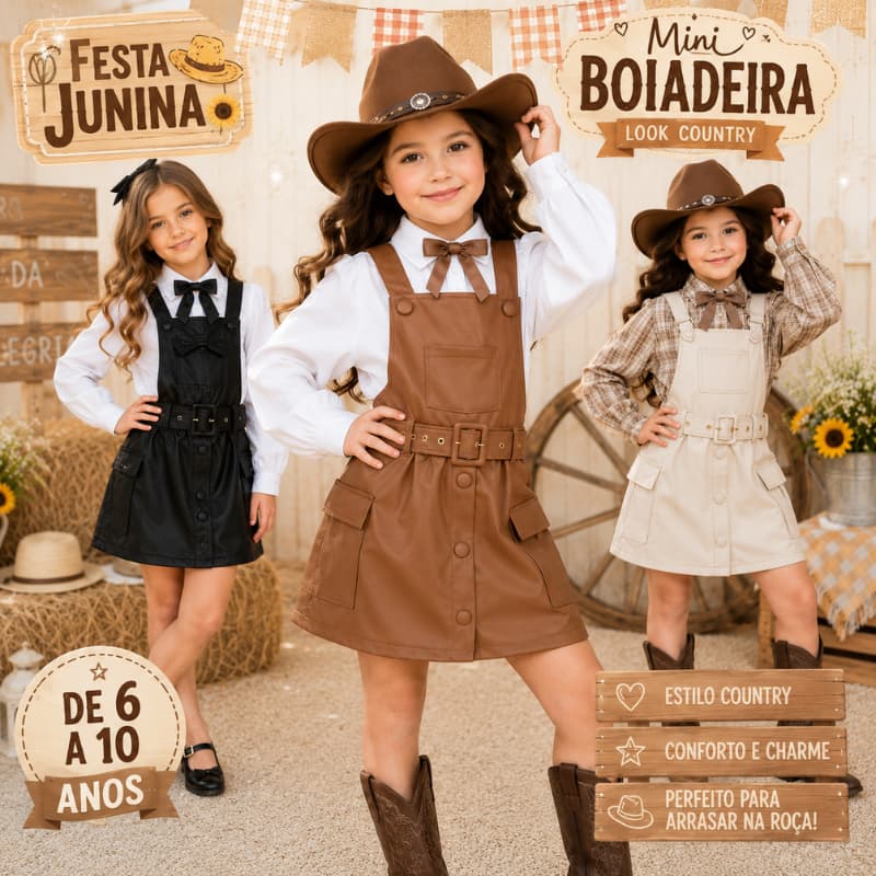 Mini Boiadeira Jardineira  Com Cinto  de Couro Fake Festa JuninaTam 6 ao 10