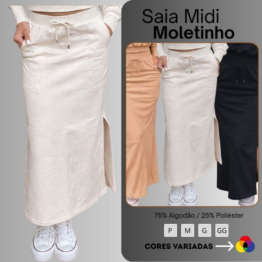 Saia Midi Moletom Feminino Com Fenda E Bolso Lateral Confortável Estilosa Moda Evangélica E Casual