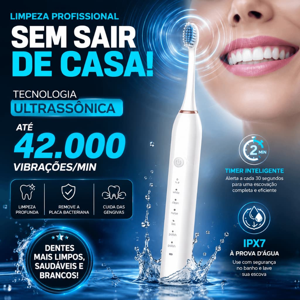 Escova Dental Elétrica Recarregável USB 6 Modos IPX7 Com 4 Refis Sônica Ultrassônica