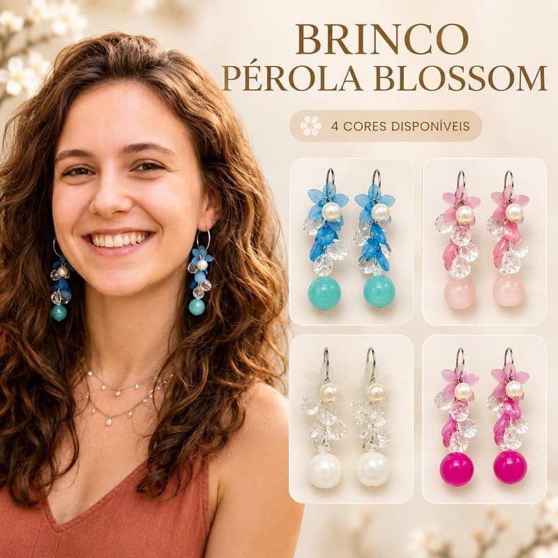 Brinco Feminino Pendente de miçangas, Pérola e Flores Coloridas | Leve, delicado e Charmoso