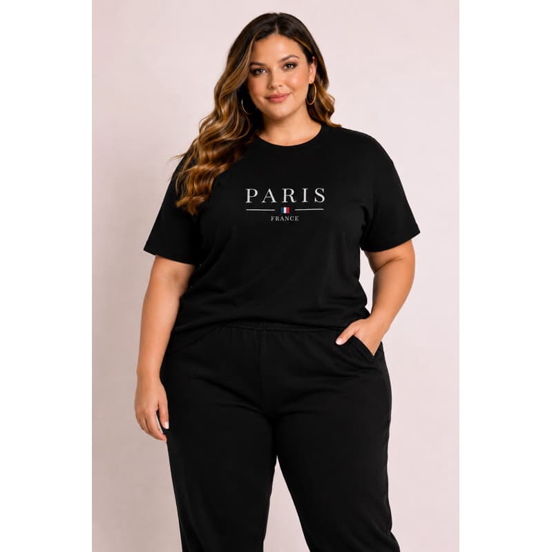 Camiseta Plus Size Feminina Paris France Preta Estampada do P ao G3