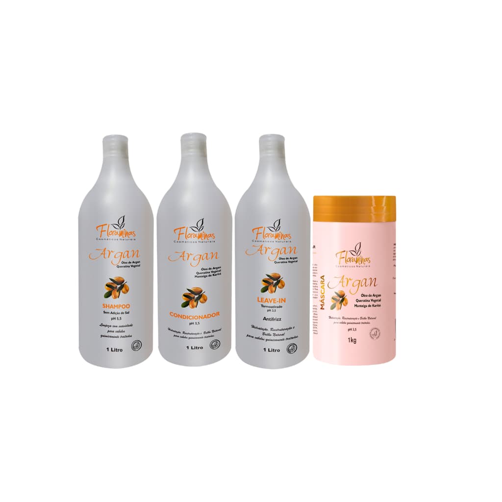 Kit Argan, Queratina Vegetal, Hidratação e reestruturação Cabelos Shampoo e Condicionador + Máscara e Leave Litro/KG Fl