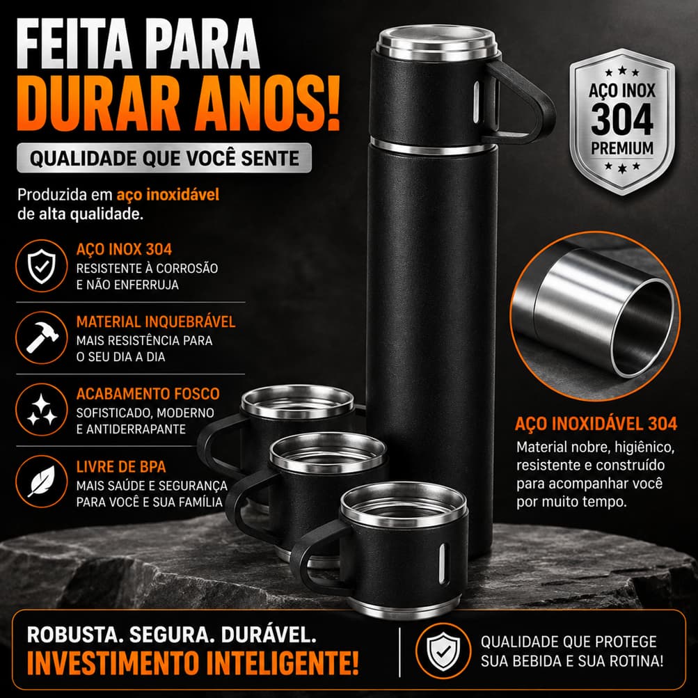 Garrafa Térmica 500ml Aço Inox + 3 Xícaras