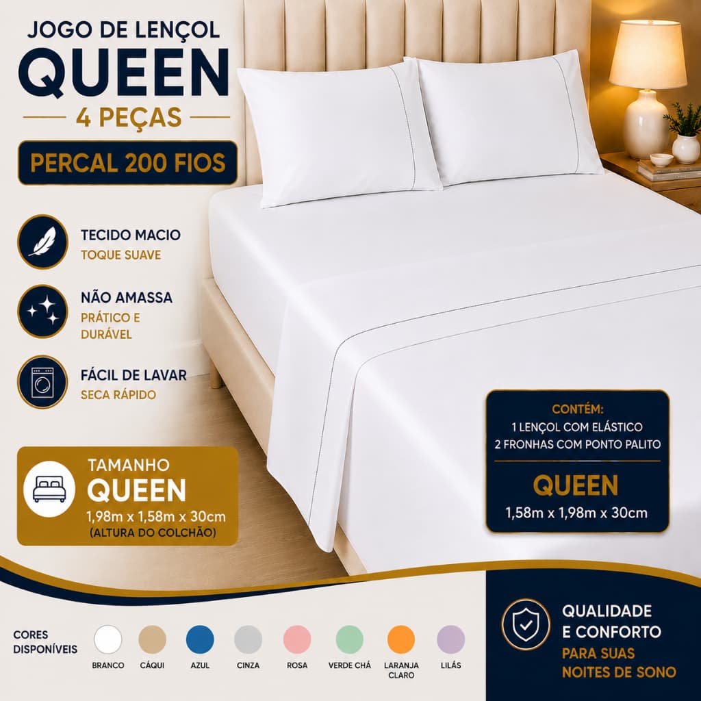 Jogo Lencol Queen 200 Fios Ponto Palito 4 Peças 100% Algodao