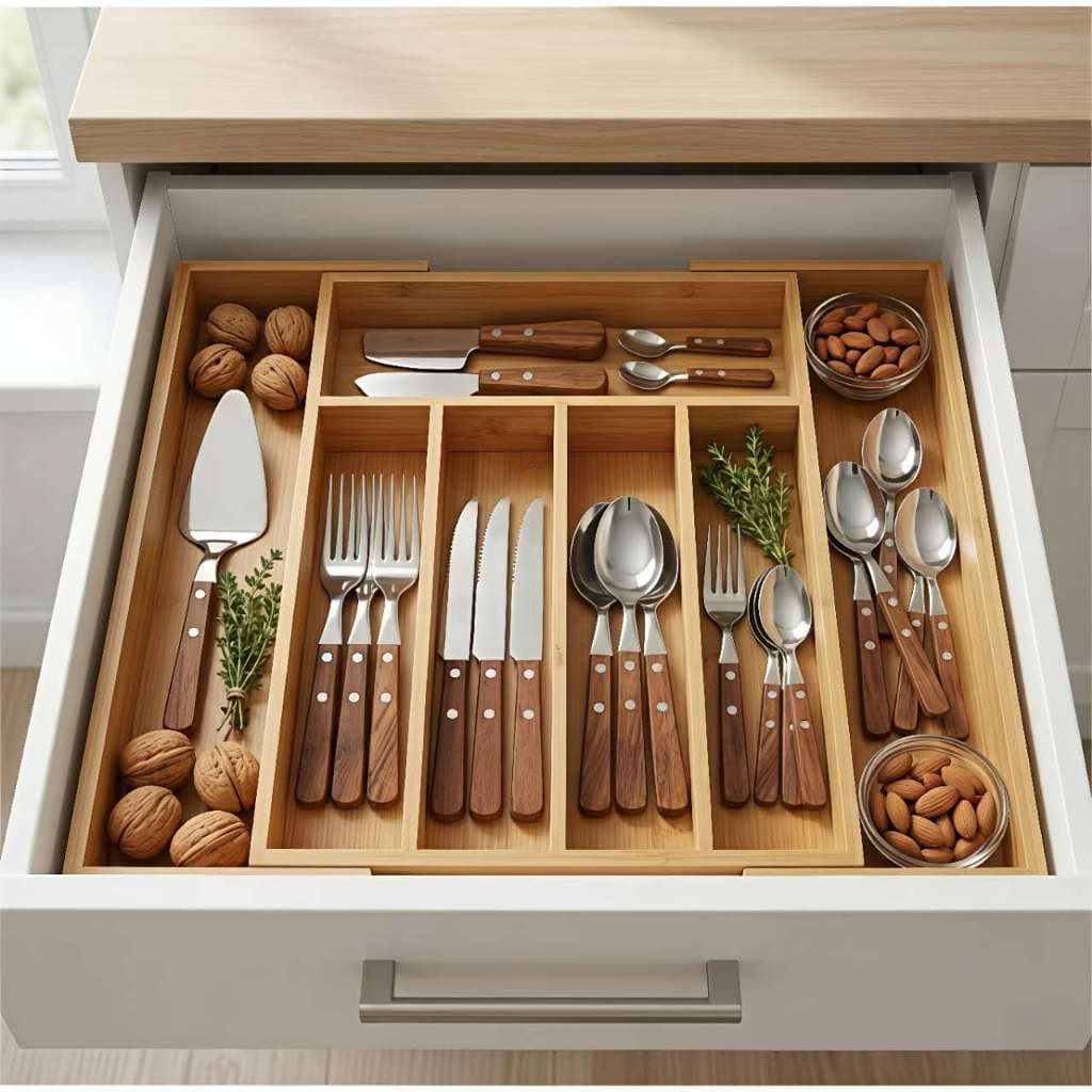 Porta Talheres de Bambu Extensível Ajustável – Organizador de Gaveta com 5 ou 7 Divisórias