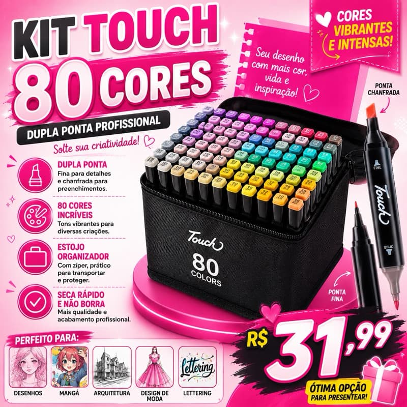 Kit 80 Canetas Touch Dupla Ponta Marcador Permanente Profissional Estojo