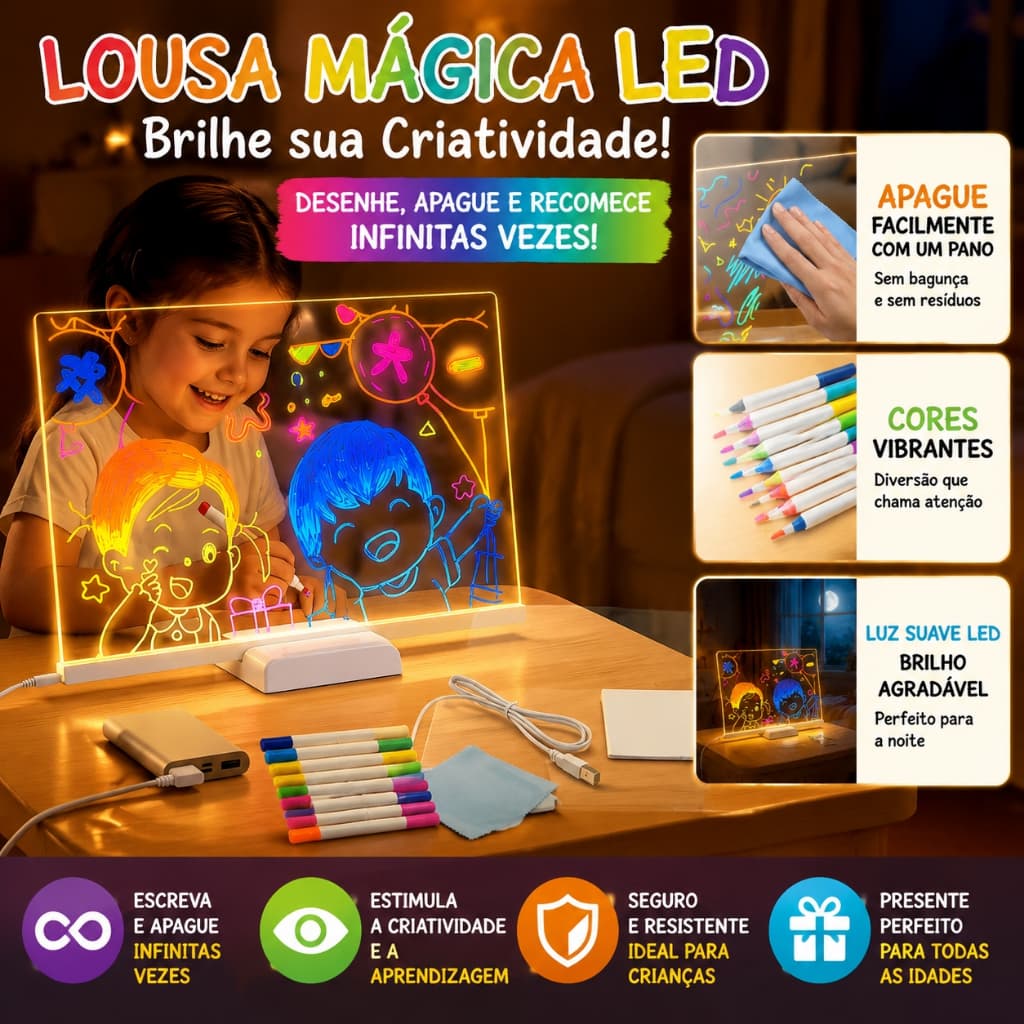 Prancheta Desenho Infantil Apagável Quadro Negro com Luz Kit Educativo 2822