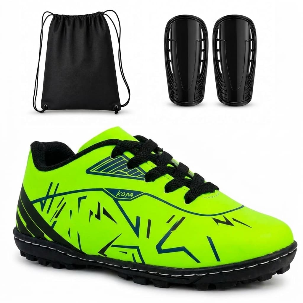 Kit Chuteira Masculina Infantil Campo Society Sola Costurada Resistente Mochila Caneleira Acessível