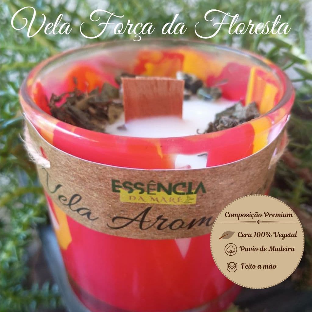 Vela Aromática Artesanal Força da Floresta 210g com Ervas e Cristais Naturais | Aromaterapia e Bem-Estar