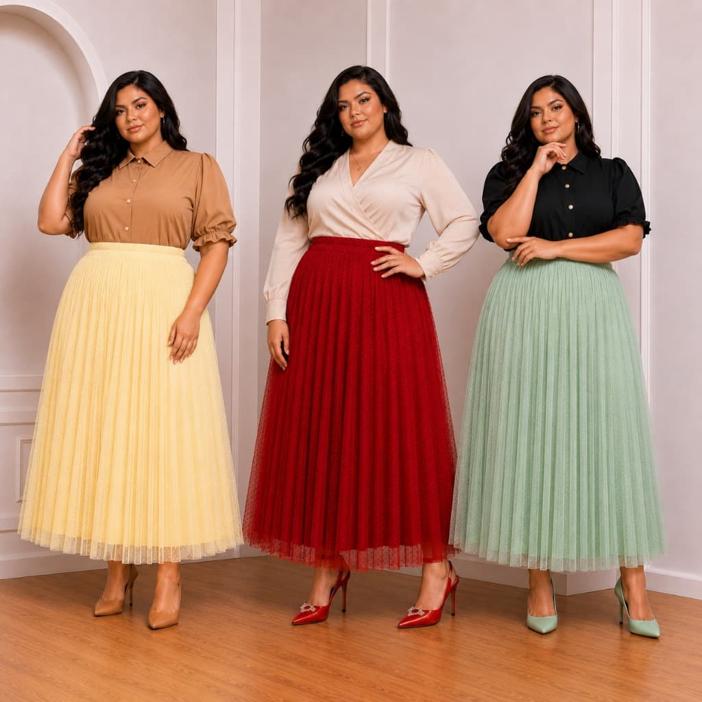 Saia Plus Size Longa Plissada Tule Poá Forro Helanca Light Moda Evangélica Elegante Tendencia Cristã