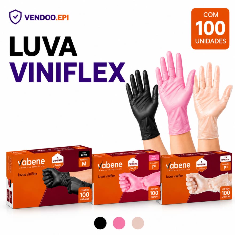 Kit Luva Descartavel Viniflex Preta Rosa e Transparente Sem Po 100 Unidades P M G