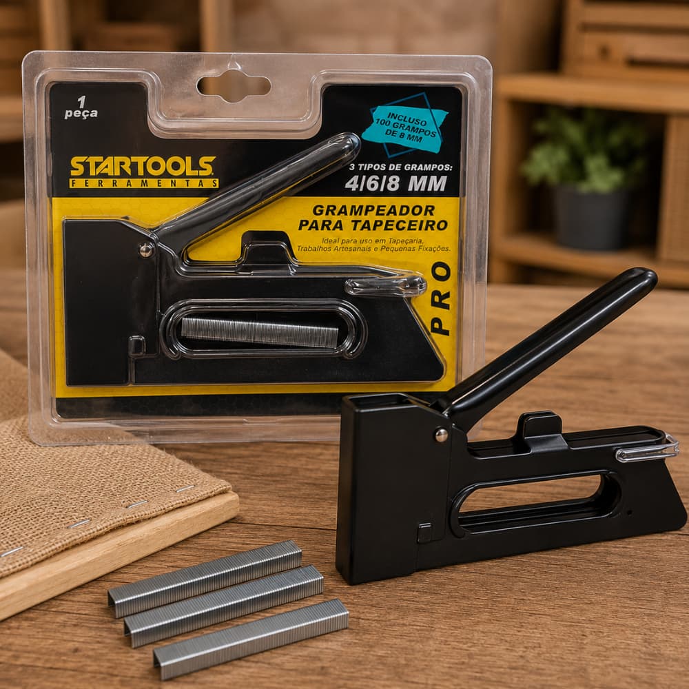 Grampeador Para Tapeceiro Profissional com 100 Grampos 8mm Ferramenta Prática