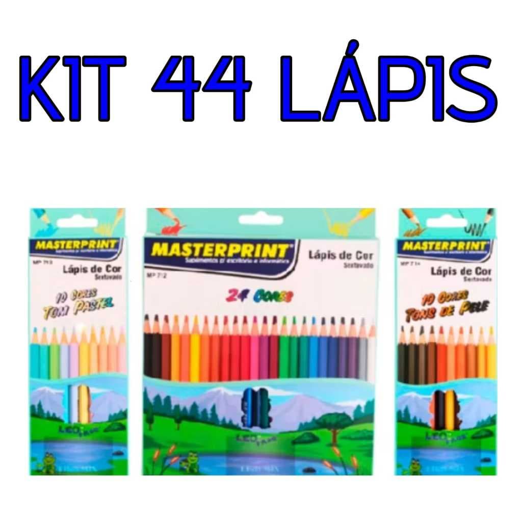 LAPIS DE COR KIT COM 3 CAIXAS 44 LAPIS DE COR 24CORES+10 TON PASTEL+10 COR DE PELE  MASTERPRINT