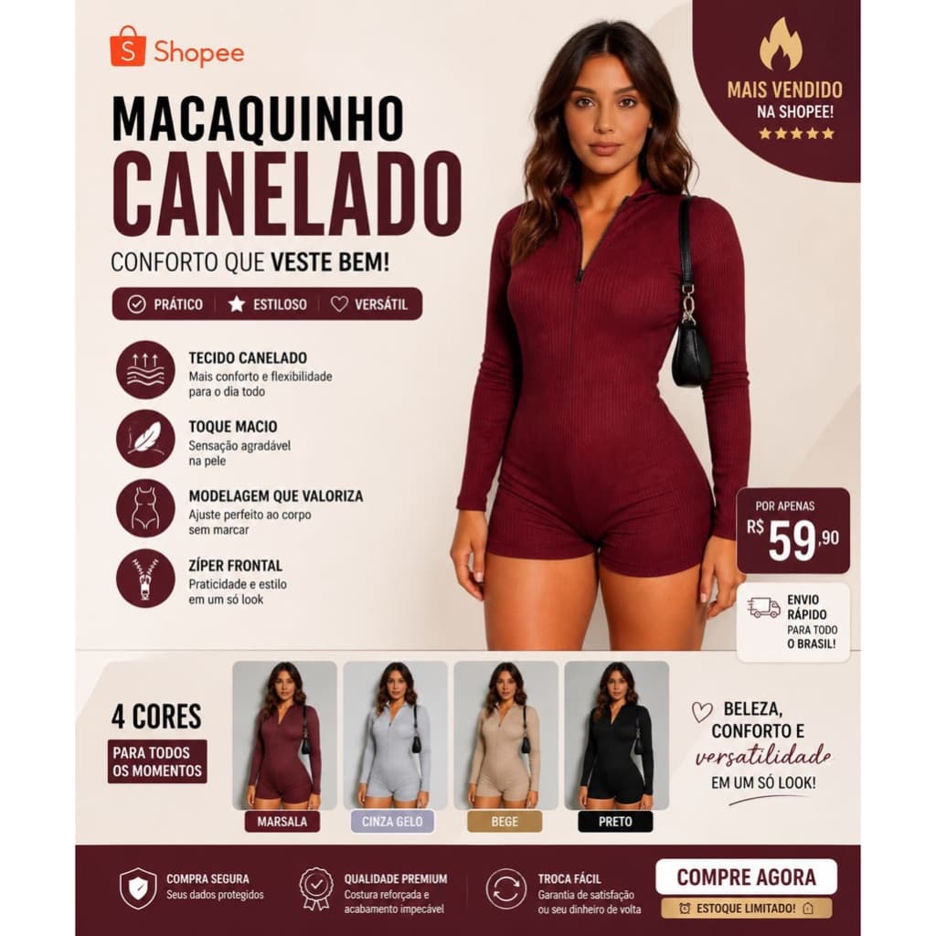Macaquinho feminino anarruga canelado moda casual manga longa e zíper Tamanho unico