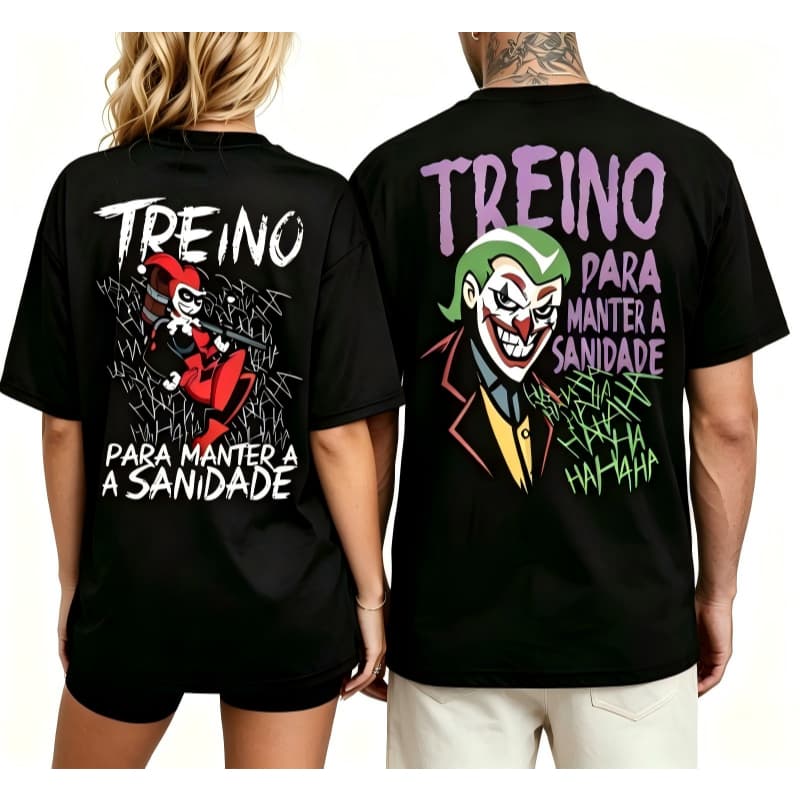 2pcs Camiseta Kit Casal, com padrão do Coringa + Arlequina, estilo desportivo básico em cor lisa, 100 % algodão