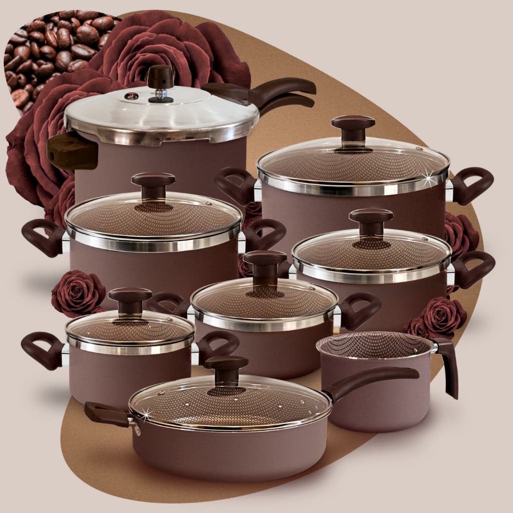 Conjunto de Panelas Mocha Mousse Antiaderente Com Pressão 4,5l + Frigideira Grande + Fervedor 8P