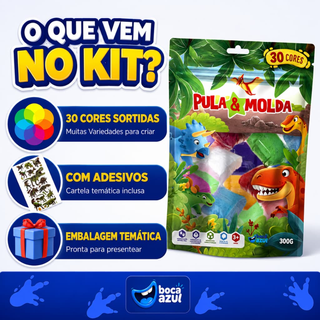 Massa De Modelar Dinossauros Pula E Molda 30 Cores Eva Atoxica Brinquedo 3 Anos Educativo Boca Azul