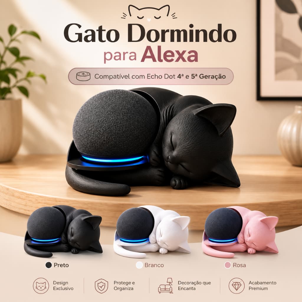 Suporte Alexa Echo Dot 4ª e 5ª Geração Gato Dormindo Decorativo Quarto Sala Escritório Minimalista