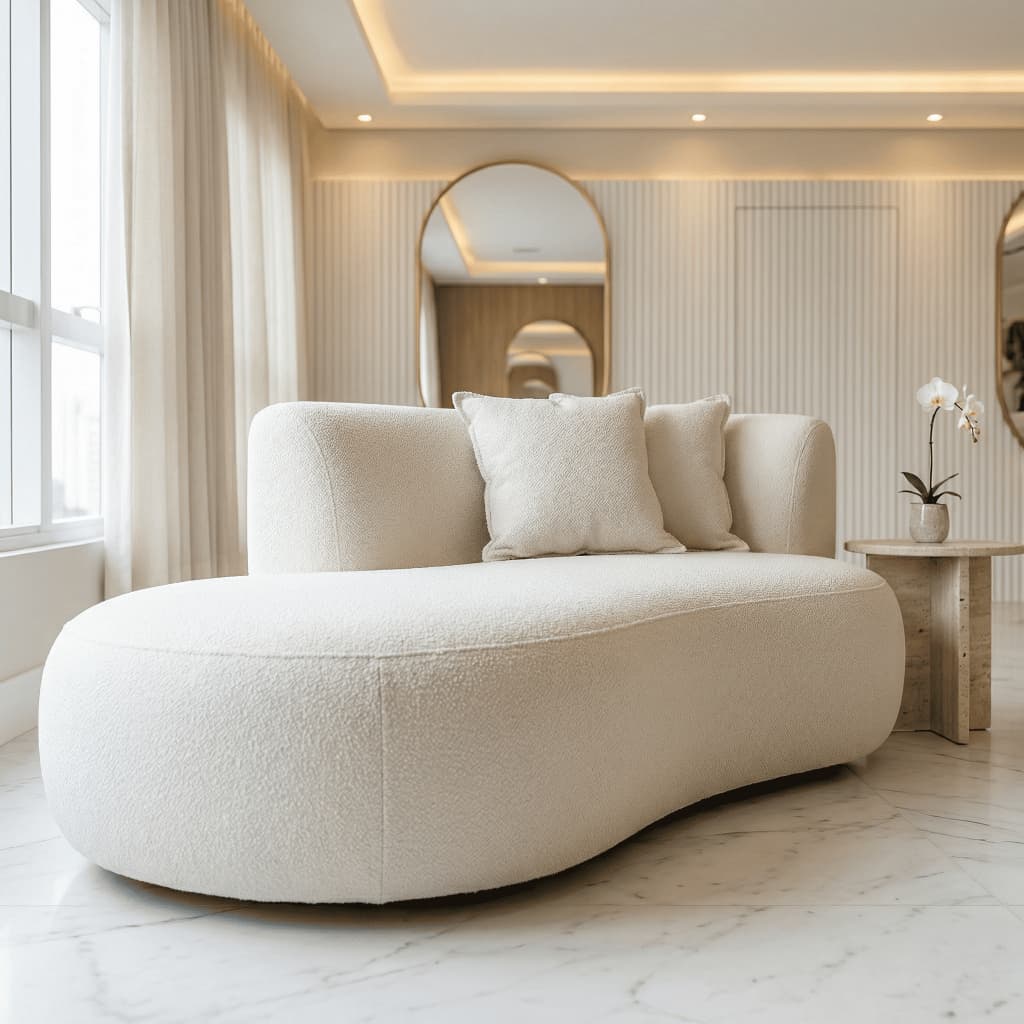 Sofá De Canto Boucle 160cm 2 Lugares Curvo Moderno Orgânico Decorativo Sala Quarto Recepção Confortável Resistente