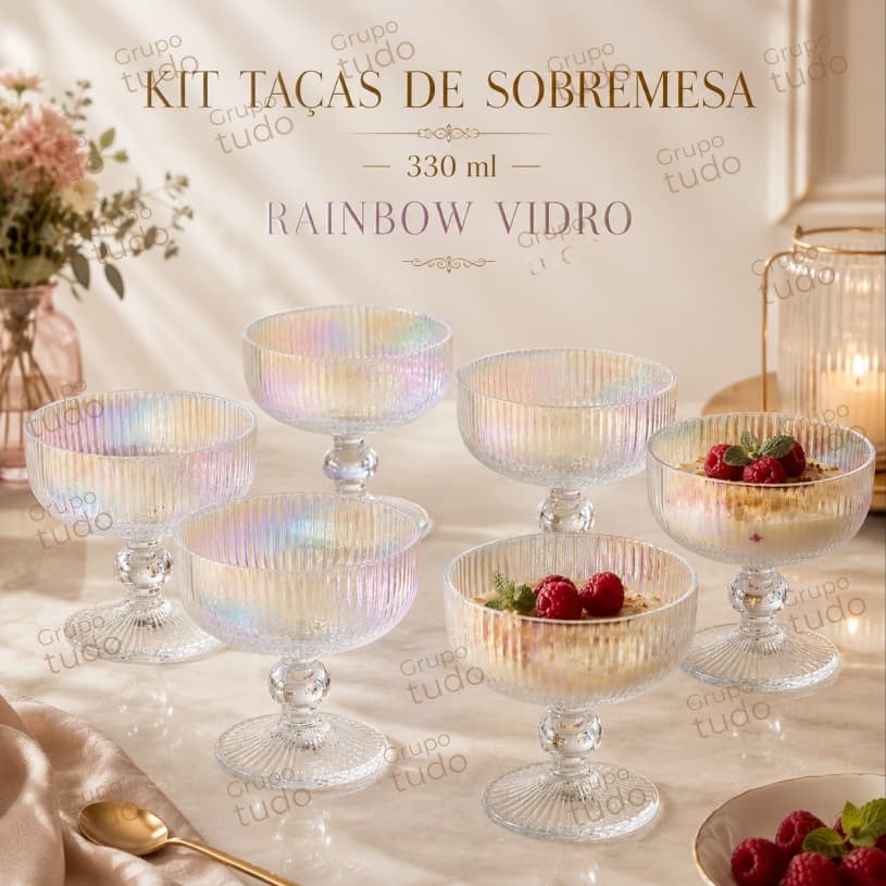 Kit 6 Taças De Sobremesa Vidro 330 ml Rainbow Furta Cor
