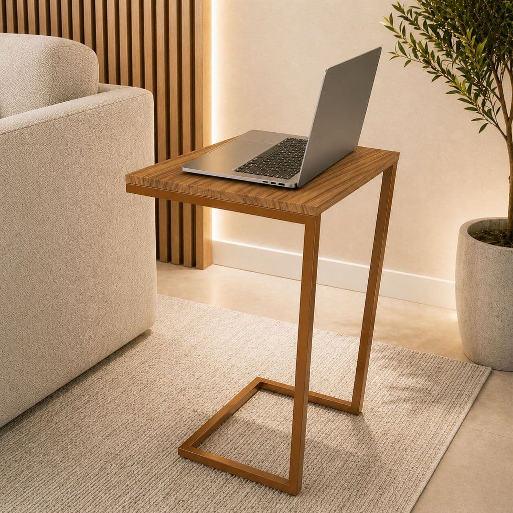 Mesa Lateral Apoio Para Sofá Notebook Estudos Home Office - Freijó/Cobre - Decore Art.