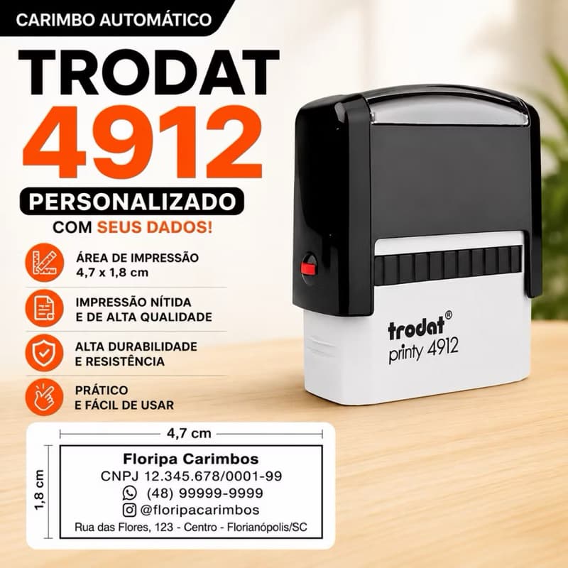 Carimbo Trodat 4912 Personalizado Automático 4,7x1,8cm CNPJ Nome Empresa Profissional