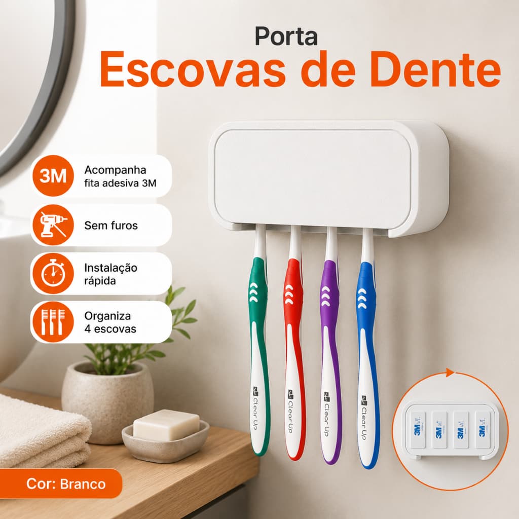 Porta Escovas de Dente com Fixação Sem Furo e Fita Dupla Face