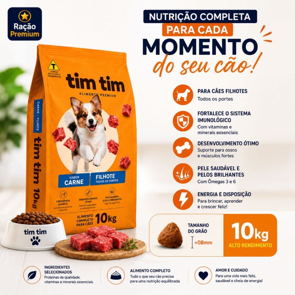 Ração Para Cães Filhotes Tim Tim Dog Premium 10,1kg Carne Nutrição Completa 28% Proteína
